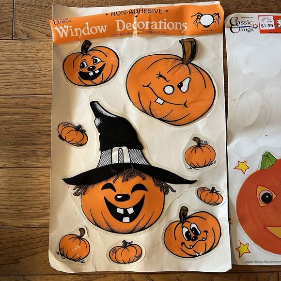 Vintage Halloween Window Cling Sets Cute Pumpkin Jack O Lanterns - Picture 2 of 4